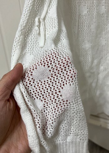 Beyaz Örgü Kadın Hırka V Yaka - Görsel 3