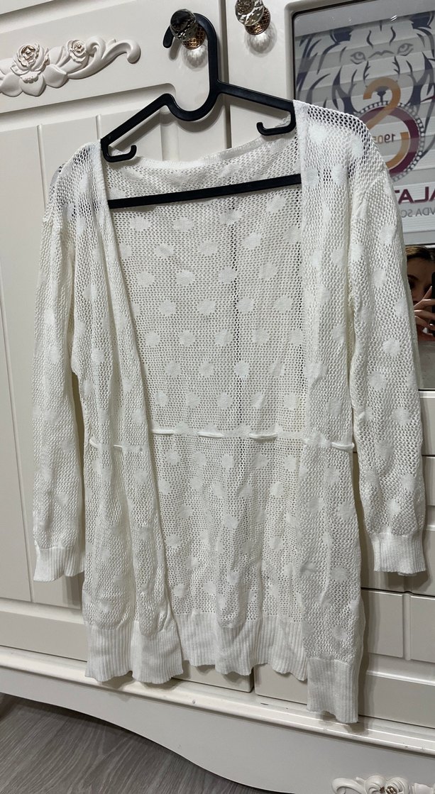 Beyaz Örgü Kadın Hırka V Yaka - Görsel 2