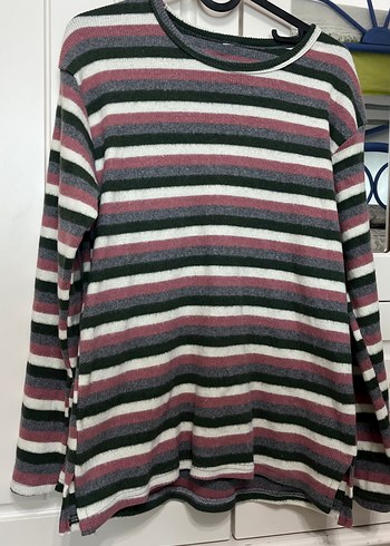 Çizgili Gri Triko Kadın Kazak - Görsel 2