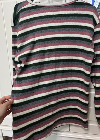 Çizgili Gri Triko Kadın Kazak - Görsel 4