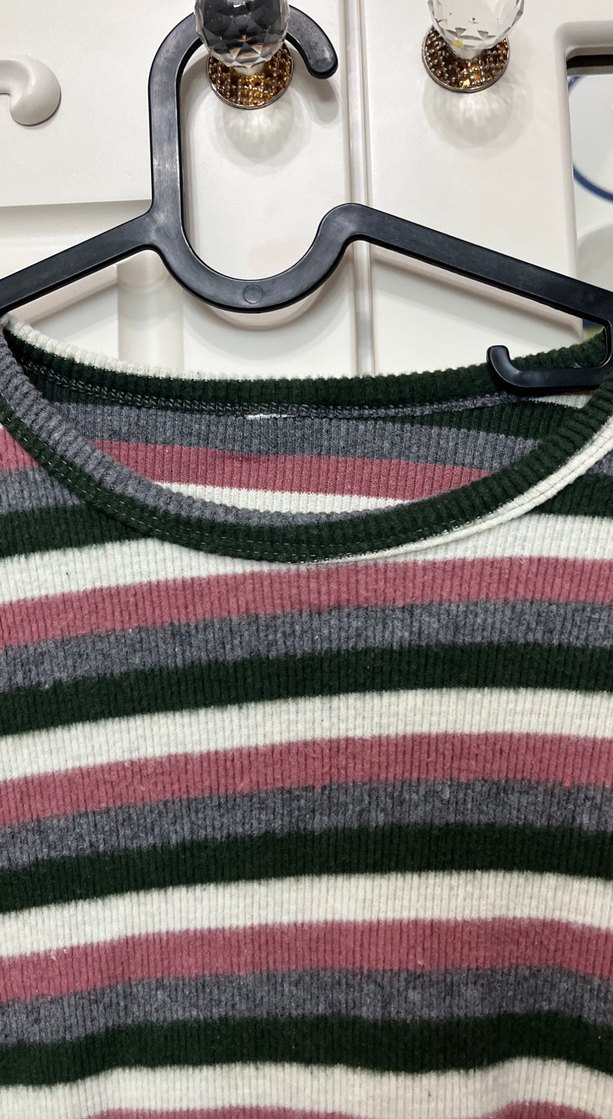 Çizgili Gri Triko Kadın Kazak - Görsel 5