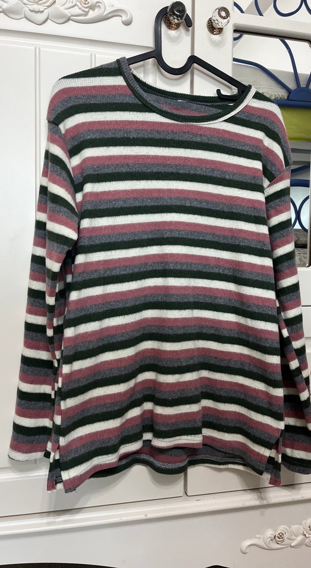 Çizgili Gri Triko Kadın Kazak - Görsel 2