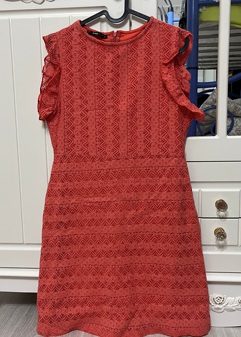 Nar çiçeği renginde Dantel İşlemeli Bohem Elbise - Görsel 2