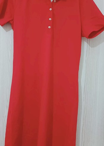 Kırmızı Polo Yaka Düğmeli Midi Elbise