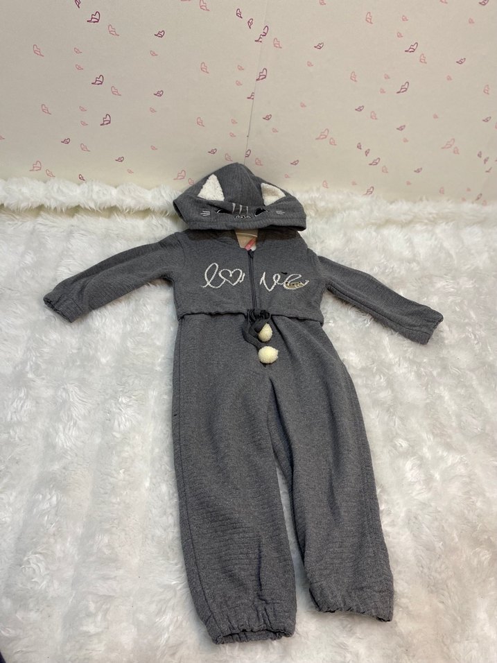 Gri Nakışlı Örgü Bebek Kız Tulum - Görsel 2