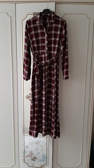 40 Beden Bordo kareli elbise