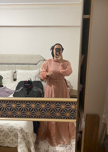 Abiye Pembe Uzun Transparan Bağlama Desenli Kadın Elbise