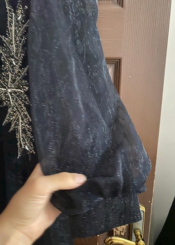 38 Beden siyah Renk Gri İşlemeli siyah Uzun Kollu Gotik Abiye Elbise