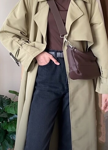 Oversize yeni yağ yeşili trençkot