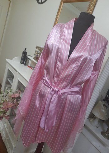 Pembe Çizgili Midi Kadın Sabahlık - Görsel 2