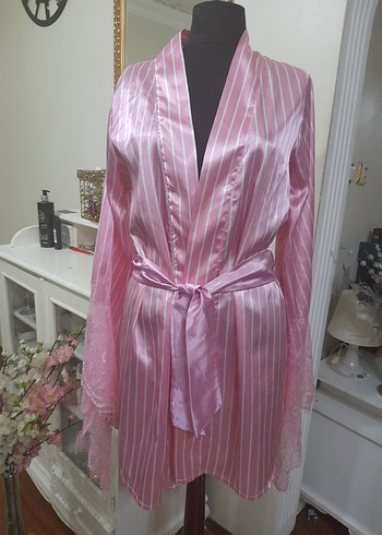 Pembe Çizgili Midi Kadın Sabahlık - Görsel 8