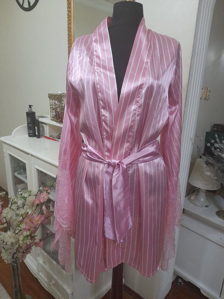 Pembe Çizgili Midi Kadın Sabahlık - Görsel 3