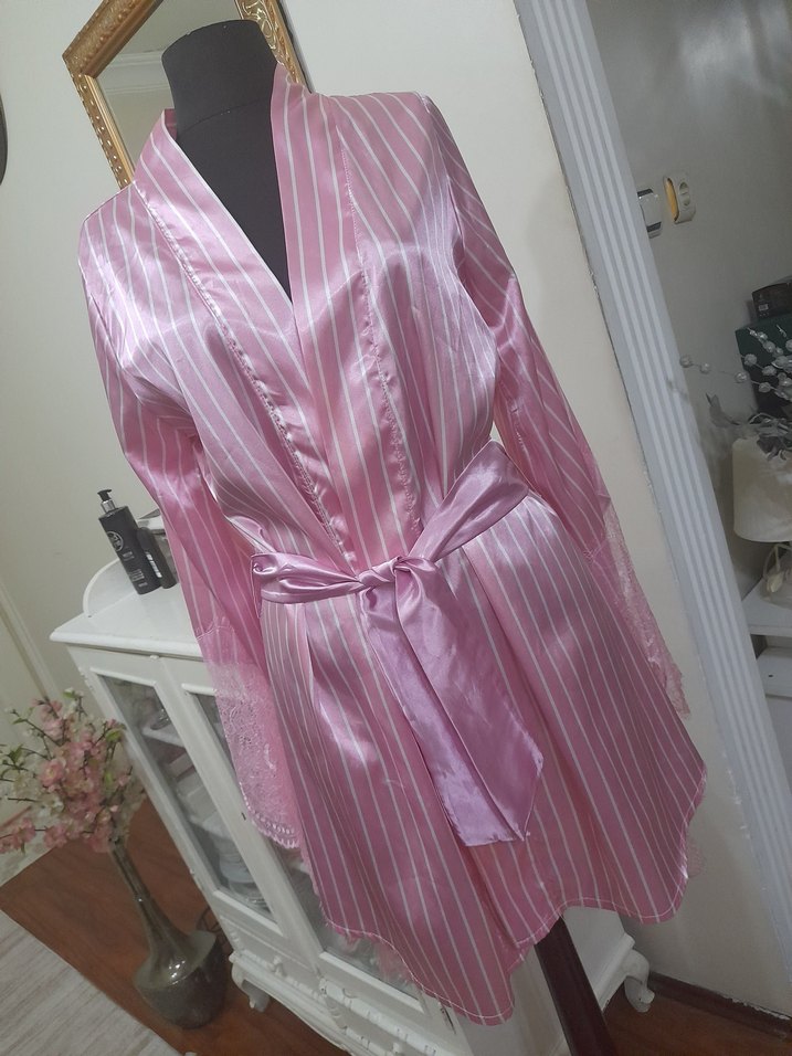 Pembe Çizgili Midi Kadın Sabahlık - Görsel 4