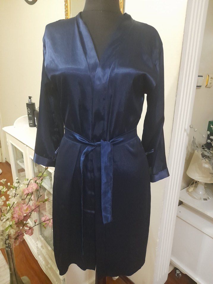 Lacivert Midi Kadın Saten Sabahlık pierecardin - Görsel 5