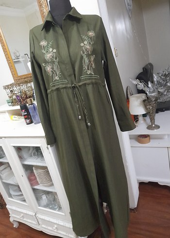 Nakışlı Kemerli Haki Uzun Keten giyim - Görsel 3