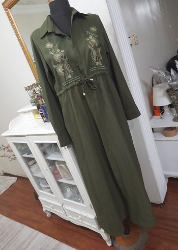 Nakışlı Kemerli Haki Uzun Keten giyim - Görsel 16