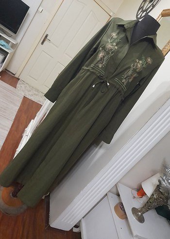 Nakışlı Kemerli Haki Uzun Keten giyim - Görsel 10