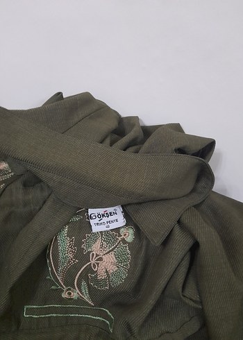 Nakışlı Kemerli Haki Uzun Keten giyim - Görsel 18