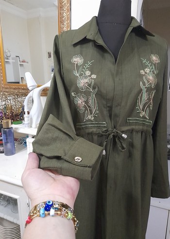 Nakışlı Kemerli Haki Uzun Keten giyim - Görsel 2