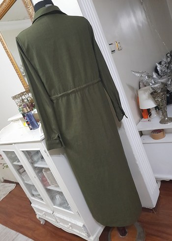 Nakışlı Kemerli Haki Uzun Keten giyim - Görsel 13