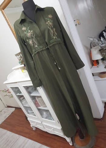 Nakışlı Kemerli Haki Uzun Keten giyim - Görsel 6