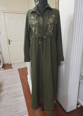 Nakışlı Kemerli Haki Uzun Keten giyim - Görsel 11