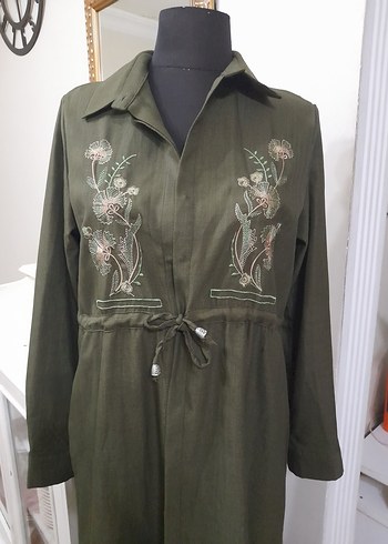 Nakışlı Kemerli Haki Uzun Keten giyim - Görsel 17