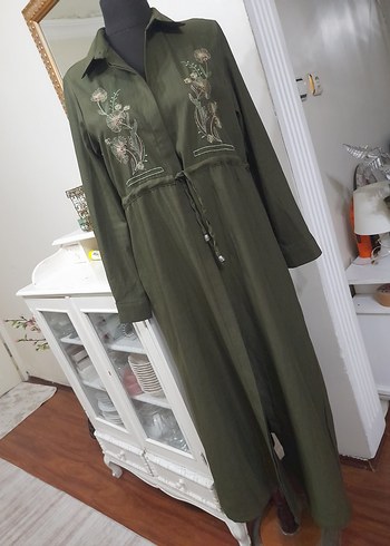 Nakışlı Kemerli Haki Uzun Keten giyim - Görsel 8
