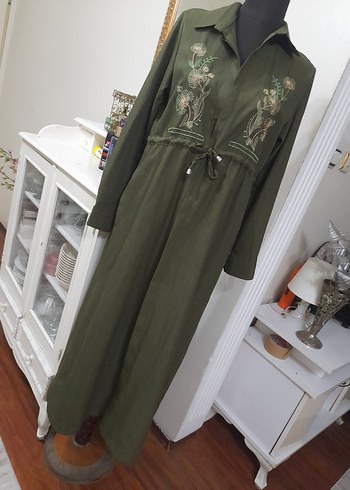 Nakışlı Kemerli Haki Uzun Keten giyim - Görsel 14