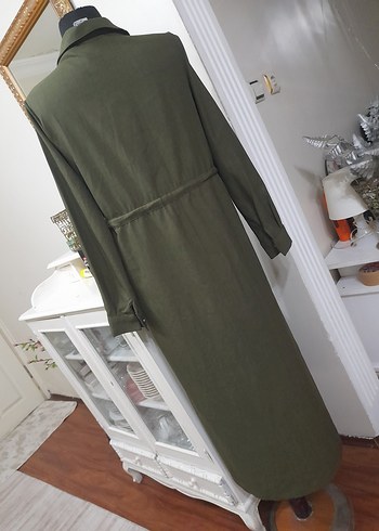 Nakışlı Kemerli Haki Uzun Keten giyim - Görsel 9