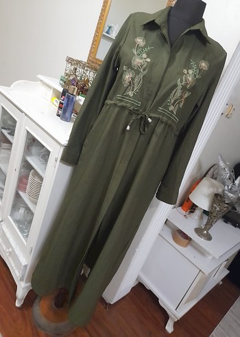 Nakışlı Kemerli Haki Uzun Keten giyim - Görsel 5