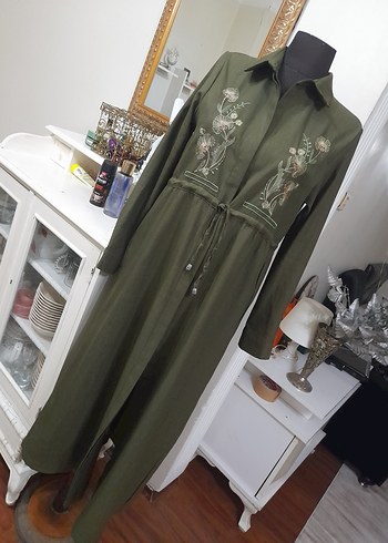 Nakışlı Kemerli Haki Uzun Keten giyim - Görsel 7