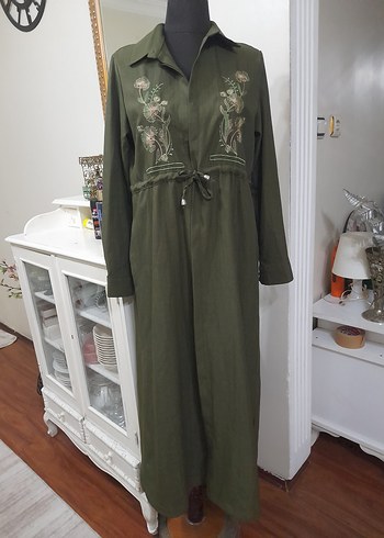 Nakışlı Kemerli Haki Uzun Keten giyim - Görsel 12