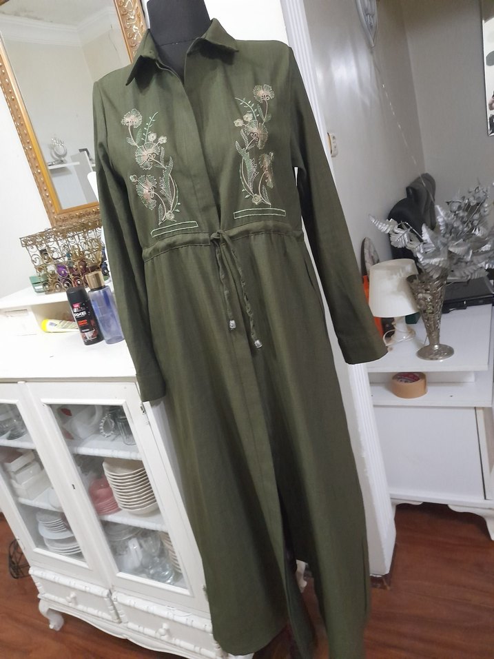Nakışlı Kemerli Haki Uzun Keten giyim - Görsel 3