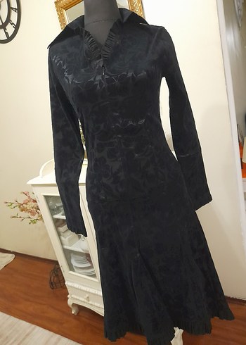 Siyah Desenli Uzun Süet Elbise - Görsel 8