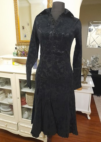 Siyah Desenli Uzun Süet Elbise - Görsel 13