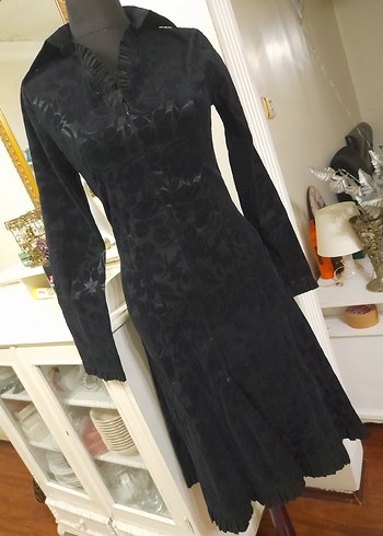 Siyah Desenli Uzun Süet Elbise - Görsel 20