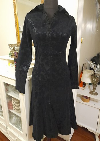 Siyah Desenli Uzun Süet Elbise - Görsel 18