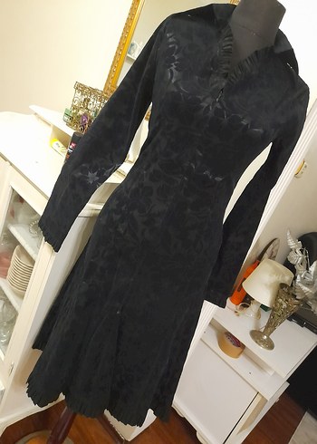 Siyah Desenli Uzun Süet Elbise - Görsel 7