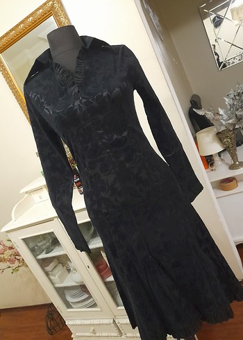 Siyah Desenli Uzun Süet Elbise - Görsel 10