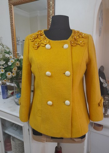 Sarı Düğmeli Midi Kadın Yün Klasik Ceket - Görsel 10