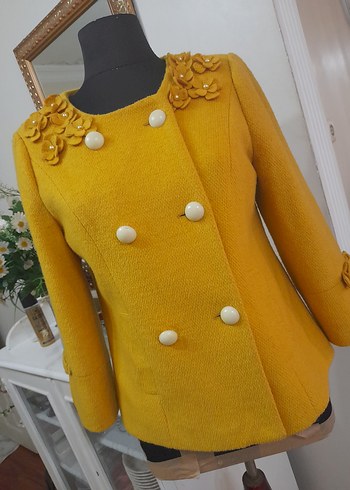 Sarı Düğmeli Midi Kadın Yün Klasik Ceket - Görsel 17