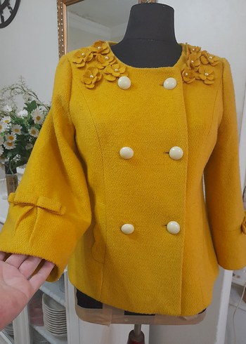 Sarı Düğmeli Midi Kadın Yün Klasik Ceket - Görsel 14