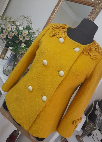 Sarı Düğmeli Midi Kadın Yün Klasik Ceket - Görsel 11