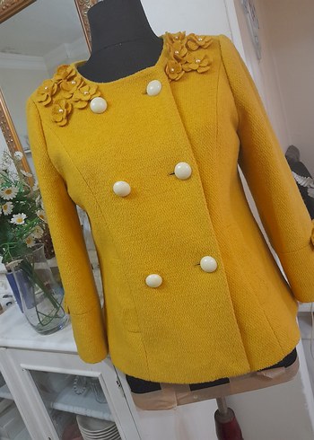 Sarı Düğmeli Midi Kadın Yün Klasik Ceket - Görsel 4