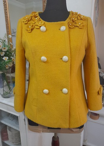 Sarı Düğmeli Midi Kadın Yün Klasik Ceket - Görsel 9