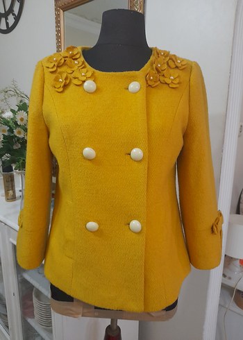 Sarı Düğmeli Midi Kadın Yün Klasik Ceket - Görsel 16