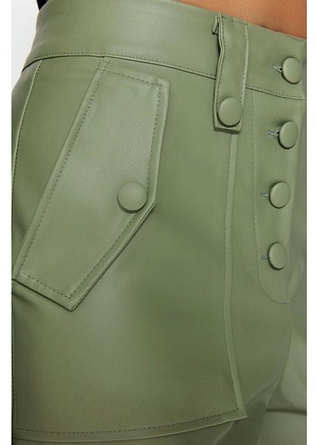 Kadın Haki Deri Düğmeli  Boyfriend Pantolon - Görsel 2