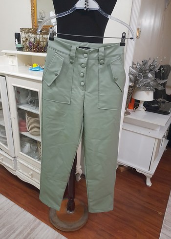 Kadın Haki Deri Düğmeli  Boyfriend Pantolon - Görsel 11