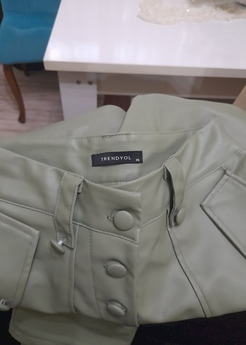 Kadın Haki Deri Düğmeli  Boyfriend Pantolon - Görsel 20